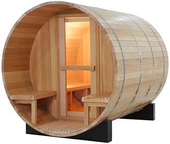 ZONEMEL Indoor and Outdoor Barrel Sauna Room with Porch, Asphalt Shingle Roof, Canadian Hemlock Wood Steam Sauna with 6KW Harvia Heater, Tempered Glass, Mostly for 6 People Sauna Bath