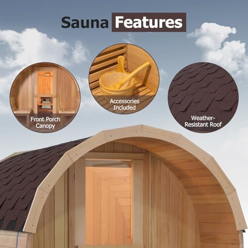 ZONEMEL Barrel Sauna Room with Panoramic View, Bitumen Roofing, Spruce Wood Outdoor Sauna with 6kw Electric Heater, Sauna Rocks, 6-8 Person Sauna Bath for Garden Courtyard