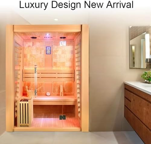 Wooden Steam Sauna Room, 2 Person Canadian Red Cedar Luxurious Indoor Sauna with 4.5 KW Harvia Stove Heater, Bluetooth Speaker, Sauna Stone, Wooden Bucket, Scoop, Reading Light, Hourglass, 220V