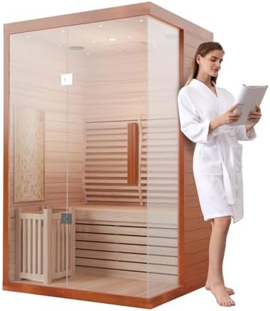 2 Person Wooden Steam Sauna Room, Red Cedar Luxurious Indoor Sona House with 6 KW Harvia Heater, Wi-Fi Controller, Bluetooth Speaker, Wooden Bucket, Scoop, Reading Light, 220V