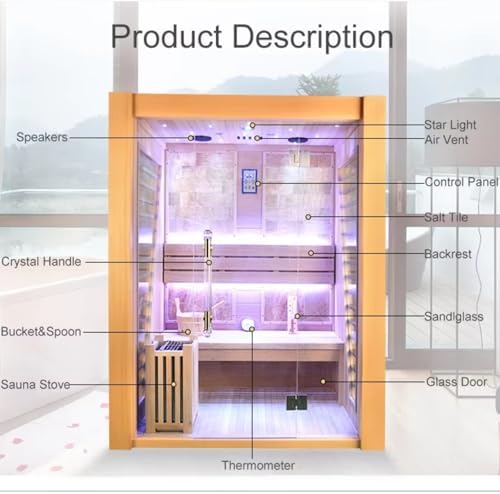 Wooden Steam Sauna Room, 2 Person Canadian Red Cedar Luxurious Indoor Sauna with 4.5 KW Harvia Stove Heater, Bluetooth Speaker, Sauna Stone, Wooden Bucket, Scoop, Reading Light, Hourglass, 220V