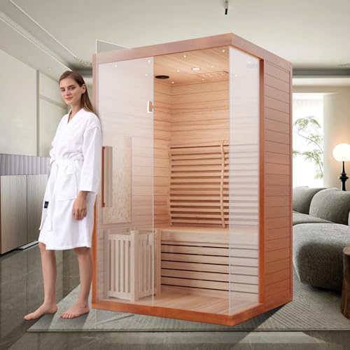 2 Person Wooden Steam Sauna Room, Red Cedar Luxurious Indoor Sona House with 6 KW Harvia Heater, Wi-Fi Controller, Bluetooth Speaker, Wooden Bucket, Scoop, Reading Light, 220V