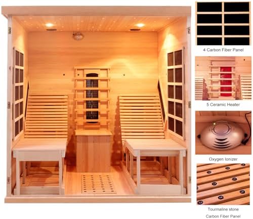ZONEMEL Far Infrared 2 Person Wooden Sauna Room with Recliner, Canadian Hemlock Luxury Indoor Sauna with 10 Heaters, Oxygen Bar, 3400 Watt, Infrared Therapy Wood Dry Heat Sauna, 220V