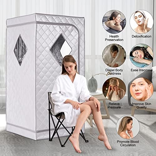 ZONEMEL Full Size Sauna,Portable Far Infrared Sauna Tent with Foldable Chair, Personal Sauna for Home Detox Calm Your Body and Mind-Silver, No Foot pad (L 33.9" x W 33.9" x H 66.5")