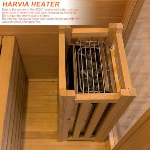 2 Person Wooden Steam Sauna Room, Red Cedar Luxurious Indoor Sona House with 6 KW Harvia Heater, Wi-Fi Controller, Bluetooth Speaker, Wooden Bucket, Scoop, Reading Light, 220V