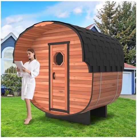 ZONEMEL Indoor and Outdoor Barrel Sauna Room with Asphalt Shingle Roof, Wood Steam Sauna with 4.5KW Harvia Heater, Tempered Glass, Mostly for 2 People Sauna Bath