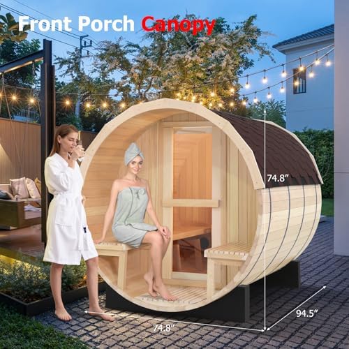 ZONEMEL Indoor and Outdoor Barrel Sauna Room with Porch, Asphalt Shingle Roof, Spruce Wood Steam Sauna with 6KW Harvia Heater, Tempered Glass, Mostly for 6 to 8 People Sauna Bath