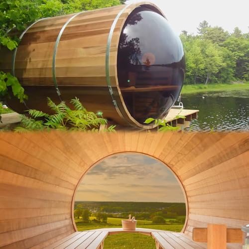 ZONEMEL Barrel Sauna Room with Panoramic View, Bitumen Roofing, Spruce Wood Outdoor Sauna with 6kw Electric Heater, Sauna Rocks, 6-8 Person Sauna Bath for Garden Courtyard