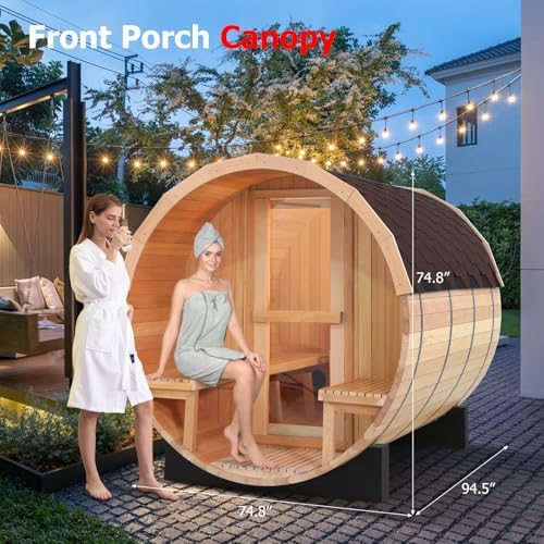 ZONEMEL Barrel Sauna Room with Panoramic View, Bitumen Roofing, Spruce Wood Outdoor Sauna with 6kw Electric Heater, Sauna Rocks, 6-8 Person Sauna Bath for Garden Courtyard