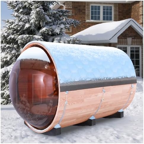 ZONEMEL Barrel Sauna Room with Panoramic View, Canadian Red Cedar Outdoor Sauna with 6kw Electric Stove, Sauna Rocks, 8 Person Sauna Bath for Garden Courtyard