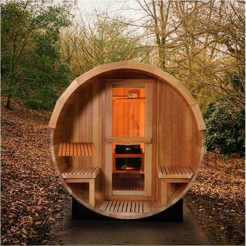 ZONEMEL Barrel Sauna Room with Panoramic View, Bitumen Roofing, Spruce Wood Outdoor Sauna with 6kw Electric Heater, Sauna Rocks, 6-8 Person Sauna Bath for Garden Courtyard