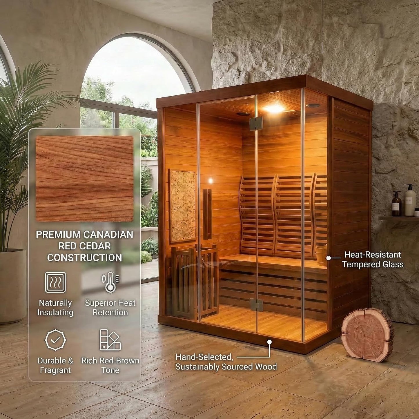 2 Person Wooden Steam Sauna Room, Red Cedar Luxurious Indoor 6 KW Harvia Heater, Wi-Fi