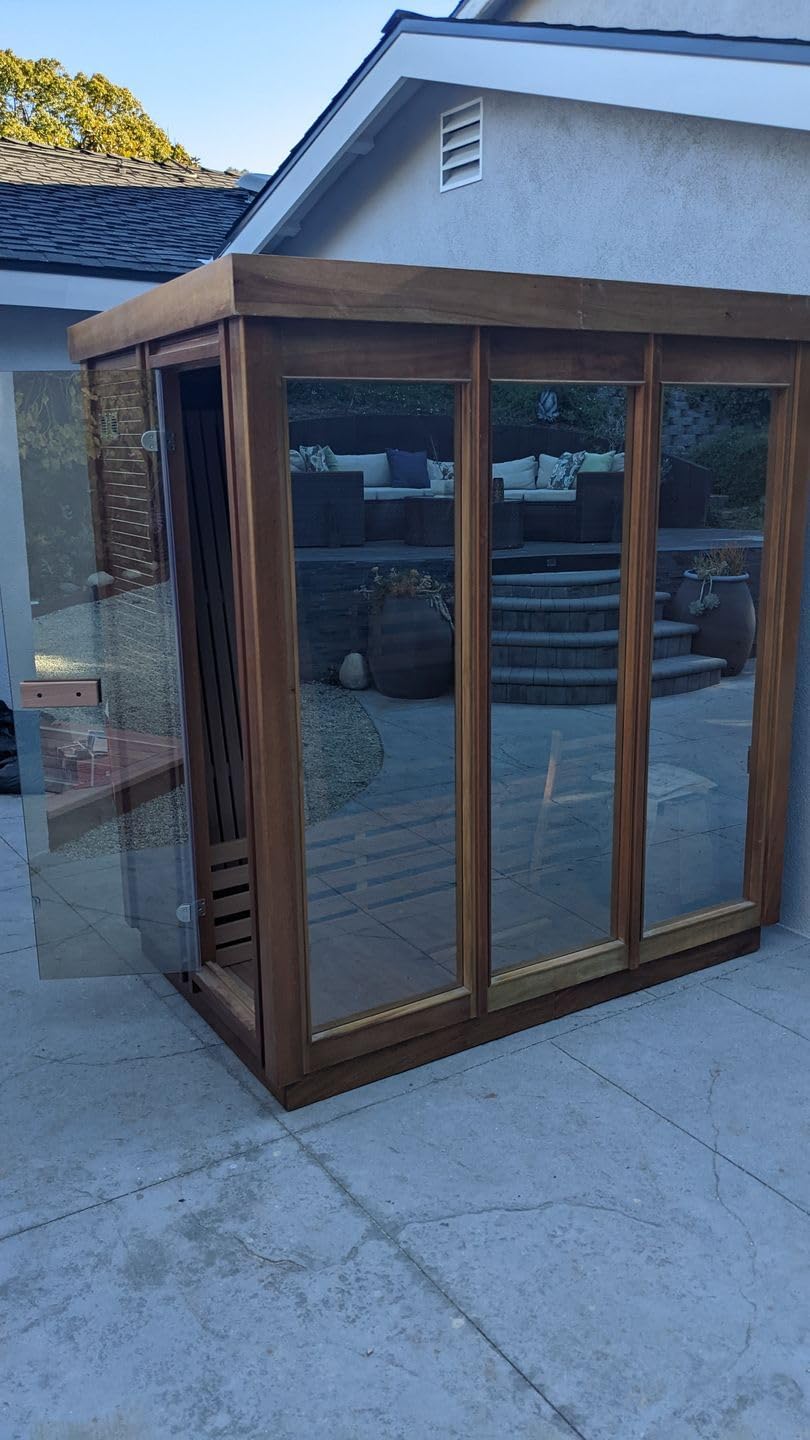 Outdoor Corner Steam Sauna for 2-4 Person, Canadian Red Cedar, 6KW ETL Harvia Heater, Modern Sauna Box with Waterproof Asphalt Tiles, Left Door, 220V (0-195℉)