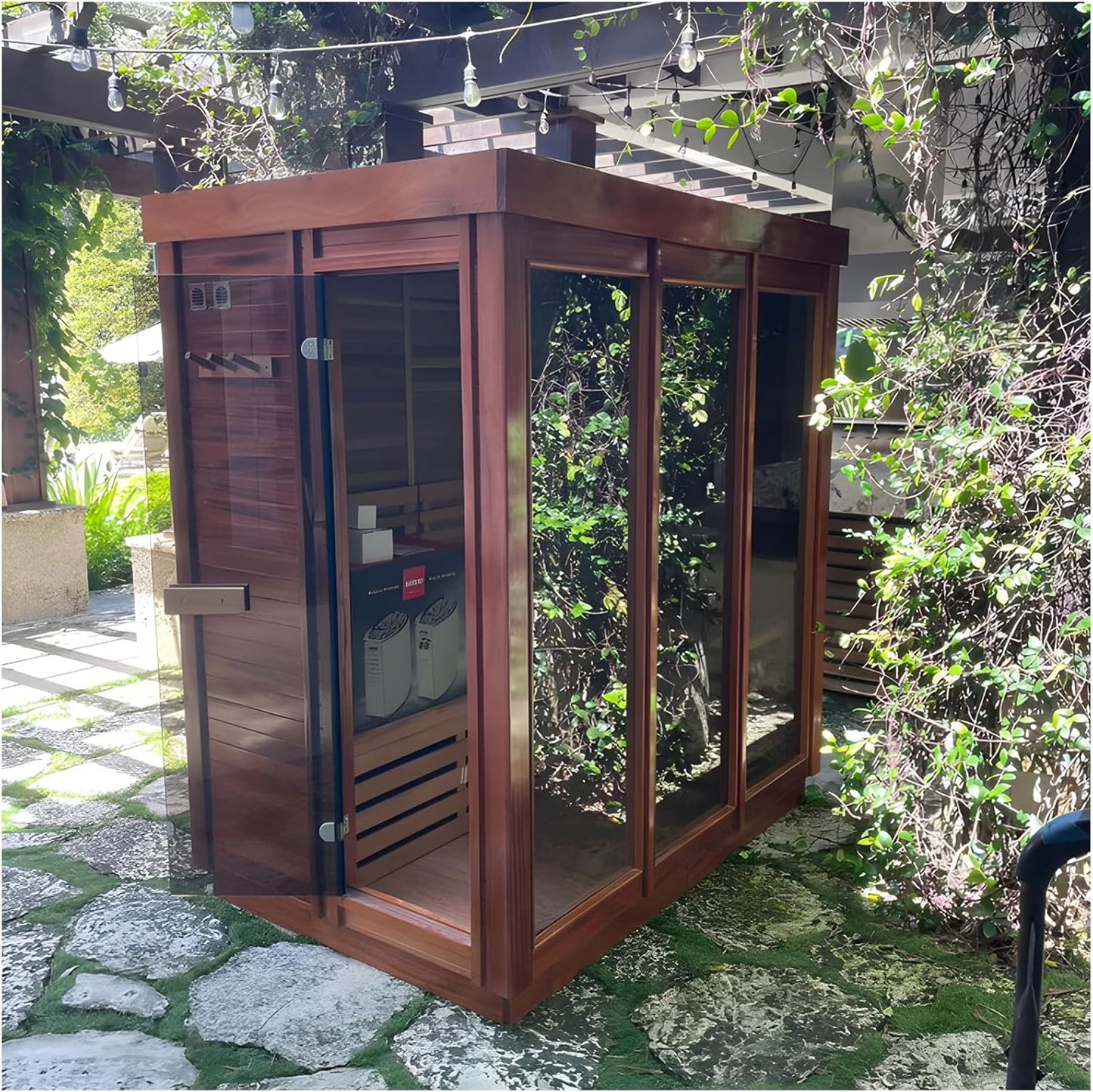Outdoor Corner Steam Sauna for 2-4 Person, Canadian Red Cedar, 6KW ETL Harvia Heater, Modern Sauna Box with Waterproof Asphalt Tiles, Left Door, 220V (0-195℉)