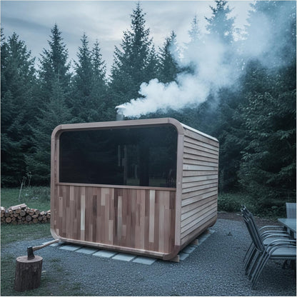 ZONEMEL Outdoor Steam Cube Sauna Cabin with Front Porch, Canadian Hemlock Square Sauna Room, Wood Burning Stove, 8mm Tempered Glass, Waterproof Boards, Porch Canopy