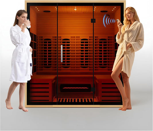 4 People Indoor Infrared Sauna, Low EMF Full Spectrum Red Heater with Carbon Heating Panels, Canadian Hemlock Wood, WiFi Control, 7-Color Starry Light, Reading Lamp, 2700W, 220V