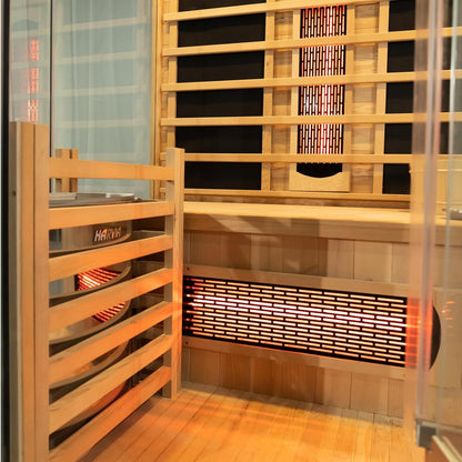 ZONEMEL Hybrid Wooden Sauna for 2-3 Person, Far Infrared & Steam Dual-System, 2100W 220V, 3.5KW Heater, 6 Heating Elements and Sauna Stove, 8mm Tempered Glass, Oxygen Bar, 7-Color Lights