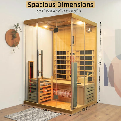 ZONEMEL Hybrid Wooden Sauna for 2-3 Person, Far Infrared & Steam Dual-System, 2100W 220V, 3.5KW Heater, 6 Heating Elements and Sauna Stove, 8mm Tempered Glass, Oxygen Bar, 7-Color Lights