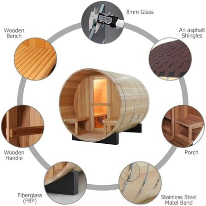ZONEMEL Indoor and Outdoor Barrel Sauna Room with Porch, Asphalt Shingle Roof, Spruce Wood Steam Sauna with 6KW Harvia Heater, Tempered Glass, Mostly for 6 to 8 People Sauna Bath