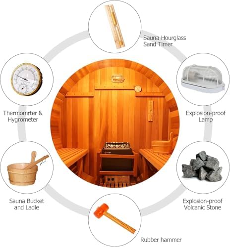 ZONEMEL Indoor and Outdoor Barrel Sauna Room with Porch, Asphalt Shingle Roof, Canadian Hemlock Wood Steam Sauna with 6KW Harvia Heater, Tempered Glass, Mostly for 6 People Sauna Bath