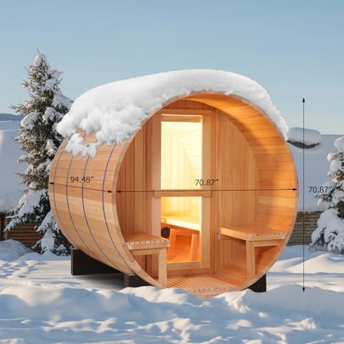 ZONEMEL Indoor and Outdoor Barrel Sauna Room with Porch, Asphalt Shingle Roof, Canadian Hemlock Wood Steam Sauna with 6KW Harvia Heater, Tempered Glass, Mostly for 6 People Sauna Bath