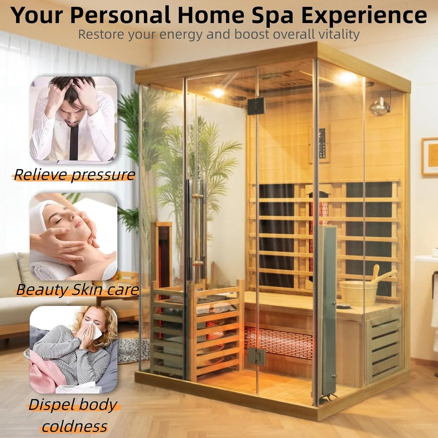 ZONEMEL Hybrid Wooden Sauna for 2-3 Person, Far Infrared & Steam Dual-System, 2100W 220V, 3.5KW Heater, 6 Heating Elements and Sauna Stove, 8mm Tempered Glass, Oxygen Bar, 7-Color Lights