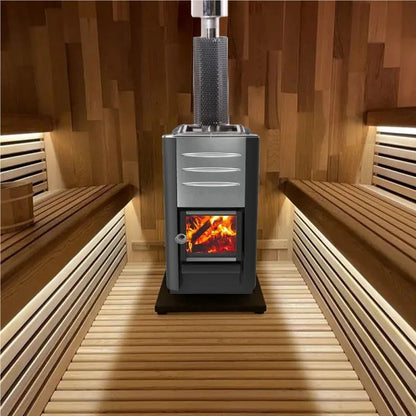 ZONEMEL Outdoor Steam Cube Sauna Cabin with Front Porch, Canadian Hemlock Square Sauna Room, Wood Burning Stove, 8mm Tempered Glass, Waterproof Boards, Porch Canopy