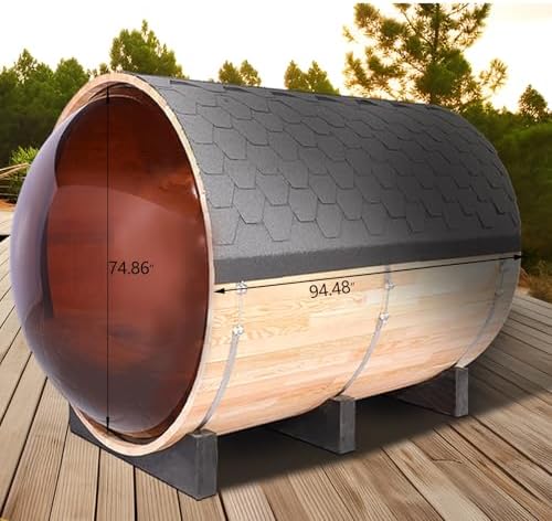 ZONEMEL Barrel Sauna Room with Panoramic View, Bitumen Roofing, Spruce Wood Outdoor Sauna with 6kw Electric Heater, Sauna Rocks, 6-8 Person Sauna Bath for Garden Courtyard