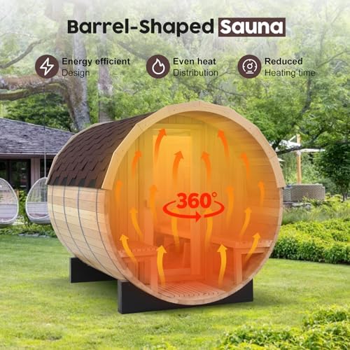 ZONEMEL Indoor and Outdoor Barrel Sauna Room with Porch, Asphalt Shingle Roof, Spruce Wood Steam Sauna with 6KW Harvia Heater, Tempered Glass, Mostly for 6 to 8 People Sauna Bath