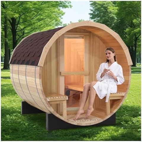 ZONEMEL Indoor and Outdoor Barrel Sauna Room with Porch, Asphalt Shingle Roof, Canadian Hemlock Wood Steam Sauna with 6KW Harvia Heater, Tempered Glass, Mostly for 6 People Sauna Bath