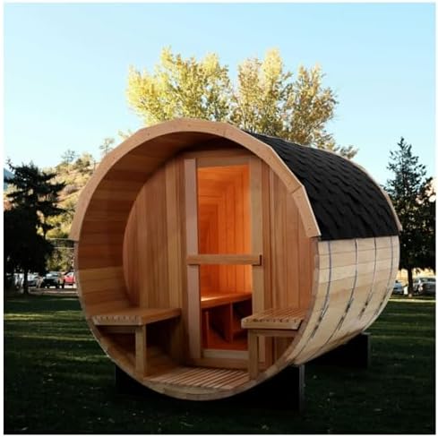 ZONEMEL Indoor and Outdoor Barrel Sauna Room with Porch, Asphalt Shingle Roof, Spruce Wood Steam Sauna with 6KW Harvia Heater, Tempered Glass, Mostly for 6 to 8 People Sauna Bath