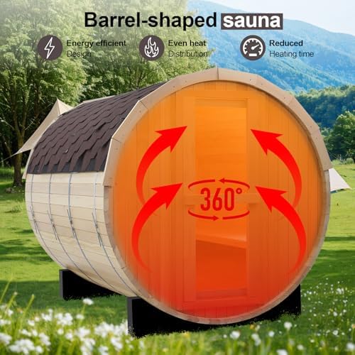 ZONEMEL Indoor and Outdoor Barrel Sauna Room with Asphalt Shingle Roof, Wooden Steam Sauna with 4.5KW Harvia Heater, Tempered Glass, Mostly for 2 People Sauna Bath