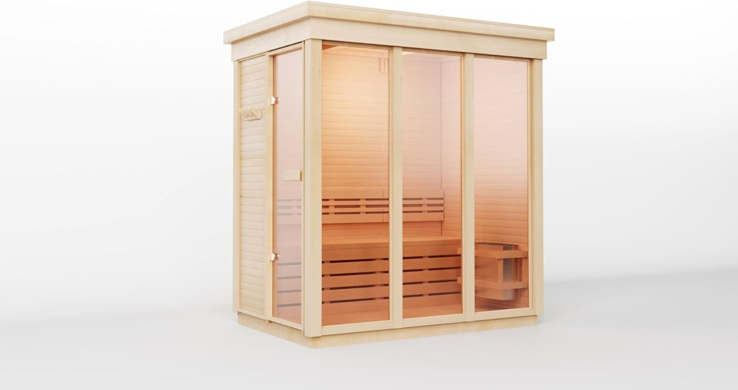 Outdoor Corner Steam Sauna for 2-4 Person – Discounted Left‑Door Model with Minor Cosmetic Defects, Canadian Hemlock, 6KW ETL Heater, Modern Sauna Box with Waterproof Asphalt Tiles, 220V (0‑195℉)