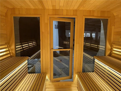 ZONEMEL Outdoor Steam Cube Sauna Cabin with Front Porch, Canadian Hemlock Square Sauna Room, Wood Burning Stove, 8mm Tempered Glass, Waterproof Boards, Porch Canopy