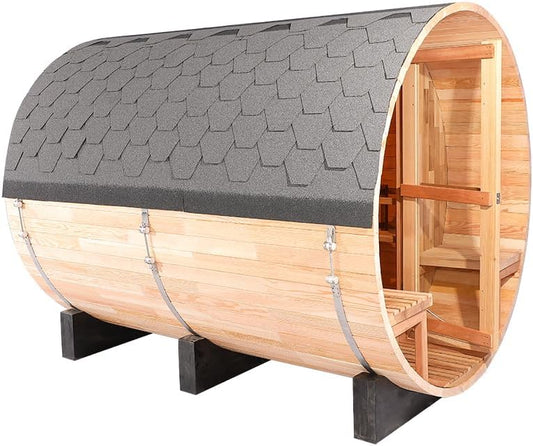 ZONEMEL Barrel Sauna Room with Panoramic View, Bitumen Roofing, Spruce Wood Outdoor Sauna with 6kw Electric Heater, Sauna Rocks, 6-8 Person Sauna Bath for Garden Courtyard