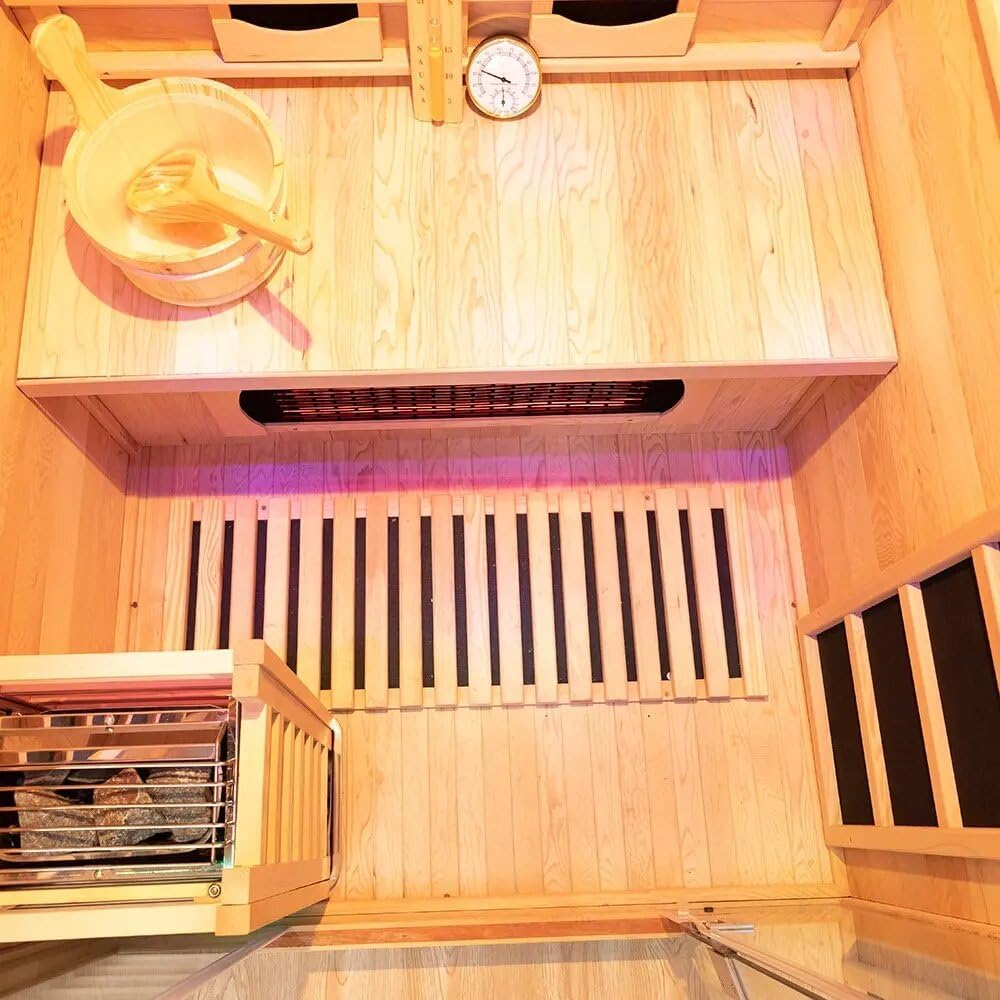 Luxury Dual-System Wood Sauna Room for 2 Person, Hybrid Indoor Sauna Spa,Canadian Hemlock, 3.5KW Heater, 195°F Steam+149°F Far Infrared, 9 Heating Elements, 220V, Oxygen Ionizer, 8mm Tempered-Grass