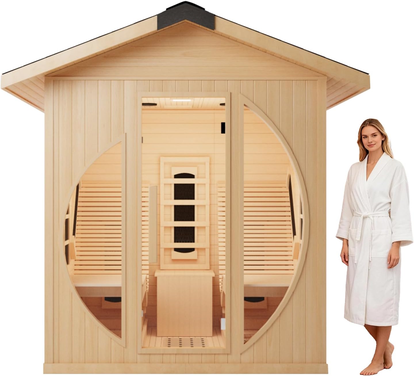 Infrared 2 Person Wooden Sauna Room with Recliner, Canadian Hemlock Outdoor 3400 Watt, Rainproof Roof, 220V, WiFi Control