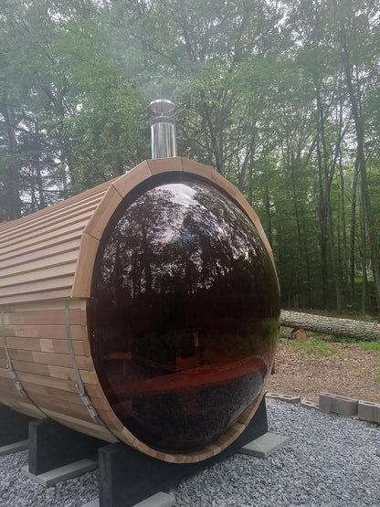 ZONEMEL Wooden Steam Sauna Room with Panoramic View, Canadian Red Cedar Traditional Outdoor Barrel Wood Burning Sauna with Porch, Wood-Fired Stove with Chimney Kit, Wood Shingles, 6-8 Person