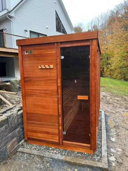 Outdoor Corner Steam Sauna for 2-4 Person, Canadian Red Cedar, 6KW ETL Harvia Heater, Modern Sauna Box with Waterproof Asphalt Tiles, Left Door, 220V (0-195℉)
