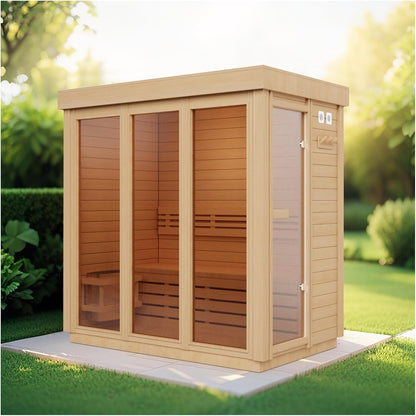 ZONEMEL Outdoor Corner Steam Sauna, Canadian Hemlock Saunas 2-4 Person, 6KW Harvia Heater, 220V, Broad Bench, Wide Glass View, Asphalt Shingles, Waterproof Tarp, Backrest, Right Door (0-195℉)