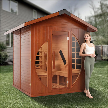 Outdoor 2 Person Infrared Wooden Sauna Room with Recliner, Red Cedar, 3400 Watt, Waterproof Roof, 220V, WiFi Control