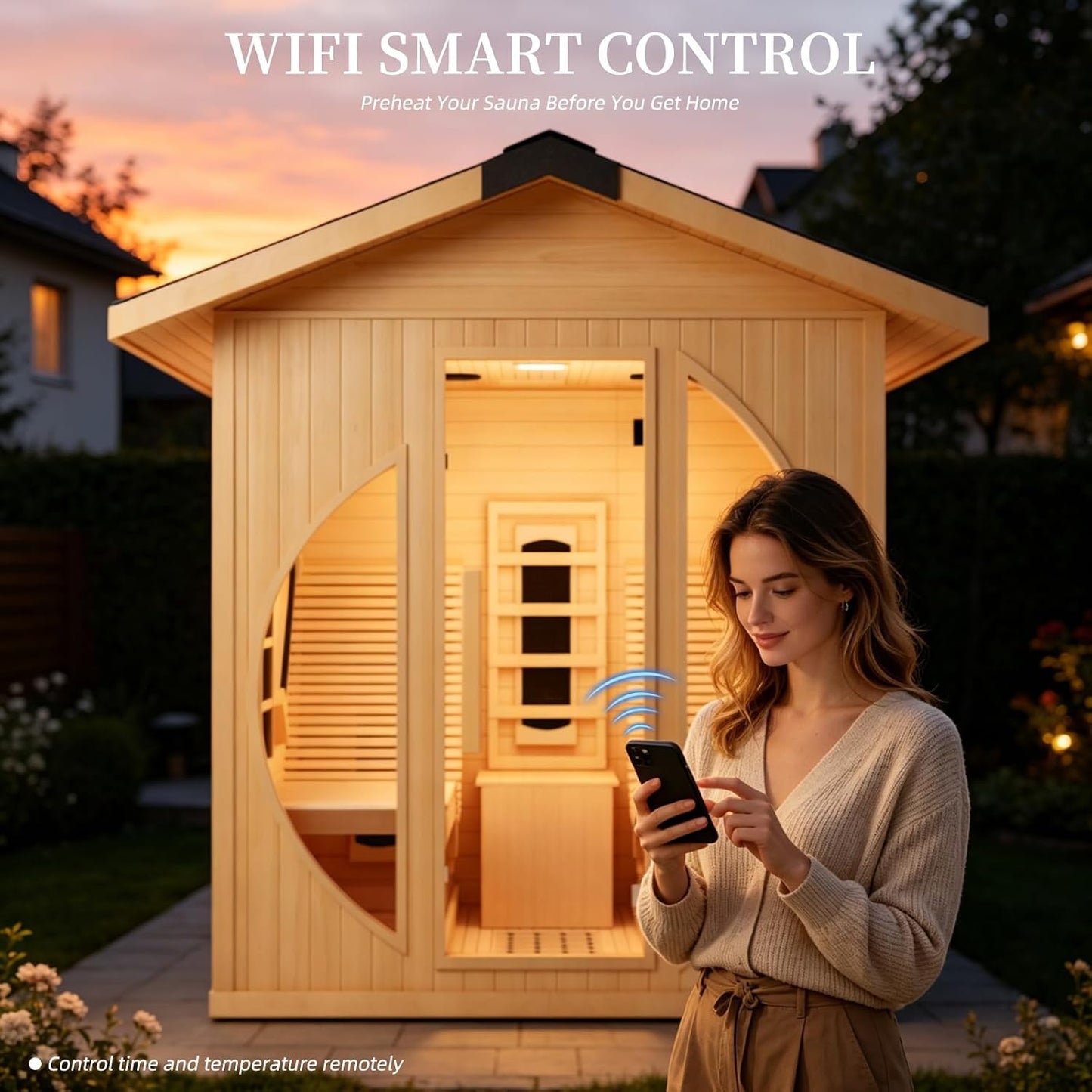 Infrared 2 Person Wooden Sauna Room with Recliner, Canadian Hemlock Outdoor 3400 Watt, Rainproof Roof, 220V, WiFi Control