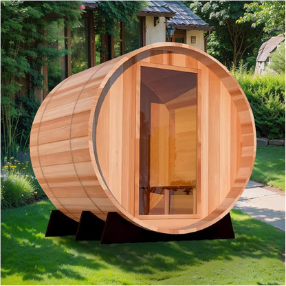 Outdoor Barrel Steam Sauna for 2 Person, Canadian Hemlock Wood, 4.5KW Harvia Heater, 8mm Tempered Glass, Sauna Stone, Water Bucket, Ladle, Lights, 220V, 195°F,WiFi control