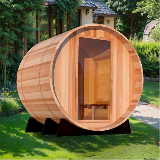 Outdoor Barrel Steam Sauna for 2 Person, Canadian Hemlock Wood, 4.5KW Harvia Heater, 8mm Tempered Glass, Sauna Stone, Water Bucket, Ladle, Lights, 220V, 195°F,WiFi control