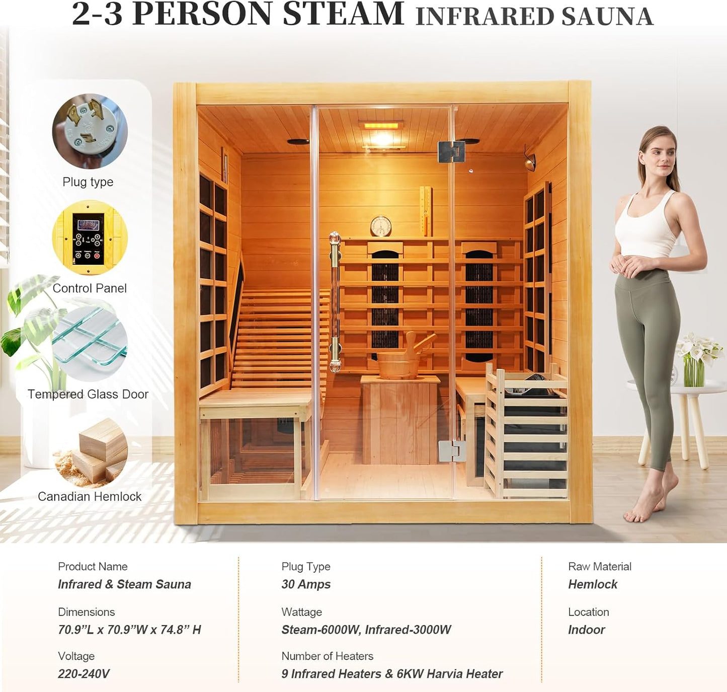 Indoor Hybrid Hemlock  Sauna with Recliner for 2 or 3 People