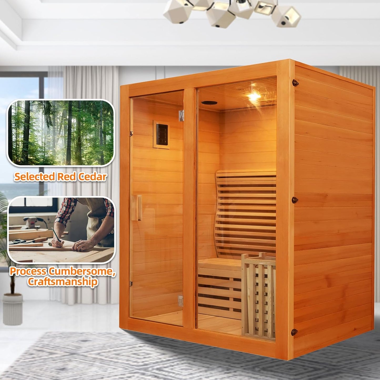 2 Person Canadian Red Cedar Luxurious Indoor Sauna with 3.5 KW Harvia Stove Heater