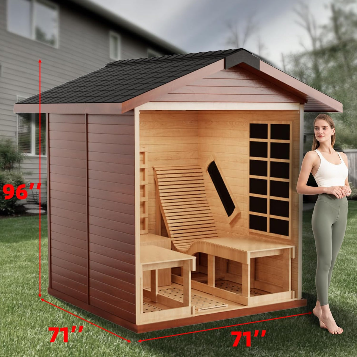 Outdoor 2 Person Infrared Wooden Sauna Room with Recliner, Red Cedar, 3400 Watt, Waterproof Roof, 220V, WiFi Control