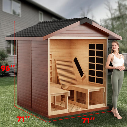 Outdoor 2 Person Infrared Wooden Sauna Room with Recliner, Red Cedar, 3400 Watt, Waterproof Roof, 220V, WiFi Control