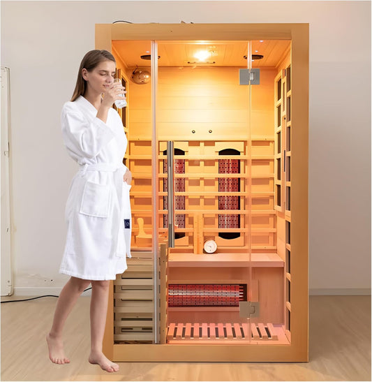 Luxury Dual-System Wood Sauna Room for 2 Person, Hybrid Indoor Sauna Spa,Canadian Hemlock, 3.5KW Heater, 195°F Steam+149°F Far Infrared, 9 Heating Elements, 220V, Oxygen Ionizer, 8mm Tempered-Grass