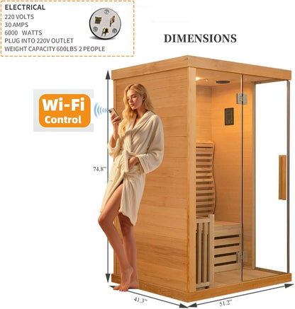 2 Person Canadian Hemlock Indoor Sauna 6 KW Heater with WiFi
